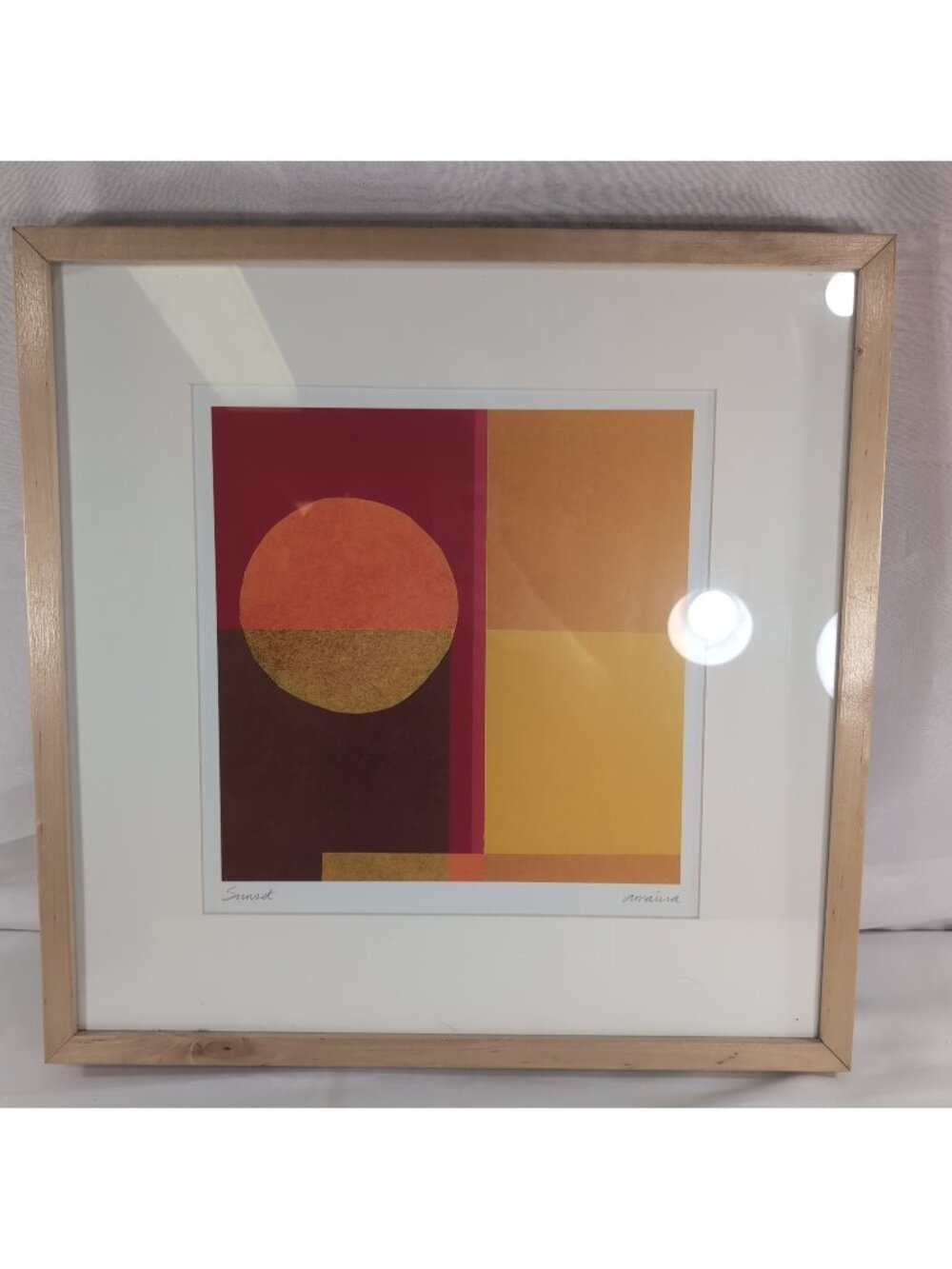 Amaina Sunset 1999 Lithograph Wall Art Framed Matted 48x48cm Abstract 18" Orange